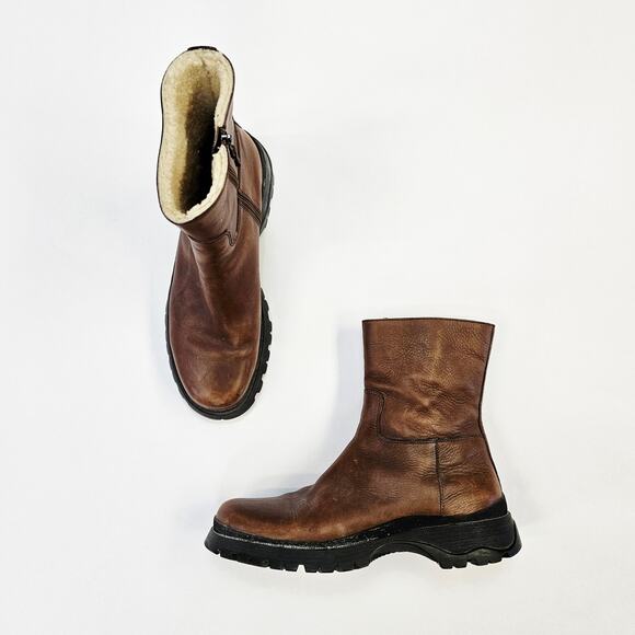 Prada Shoes - Y2k Prada Combat Boots Brown Leather Shearling Lined - EU 41/US 11